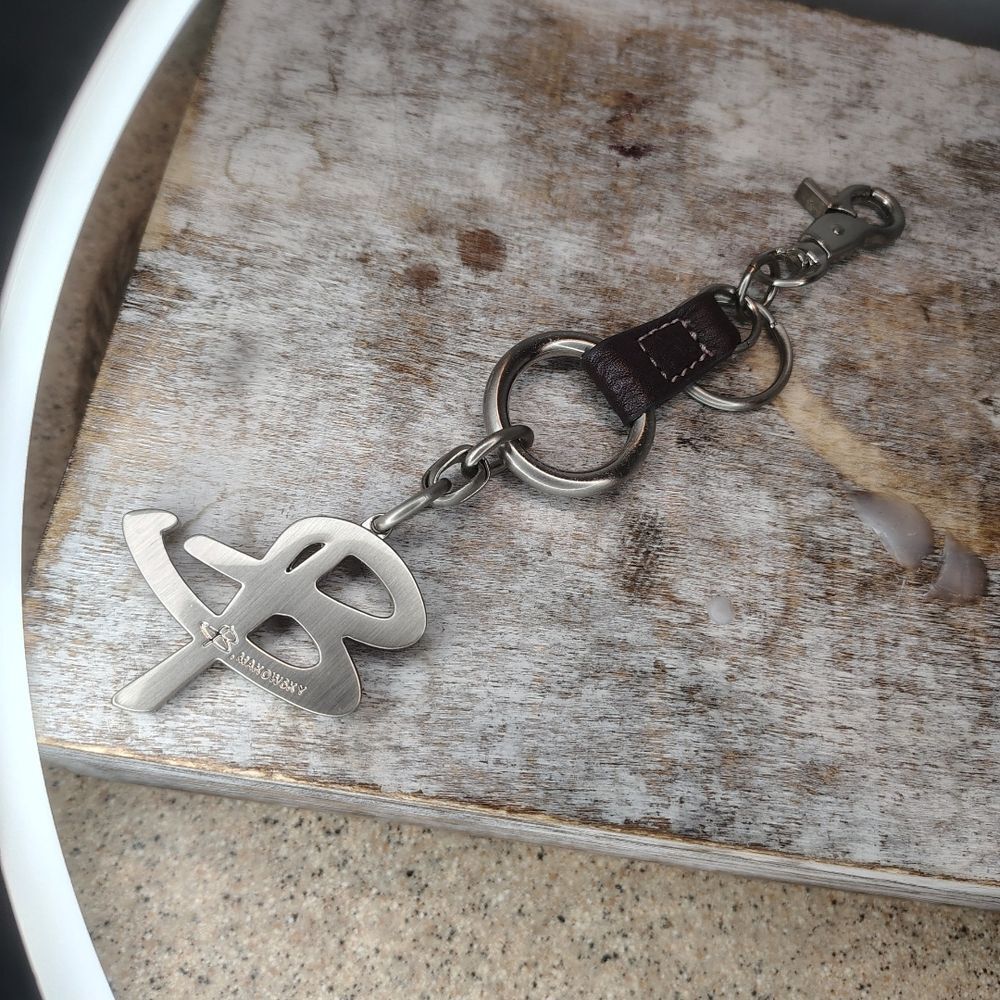 b. makowsky Brown Leather & Silver Logo Keychain